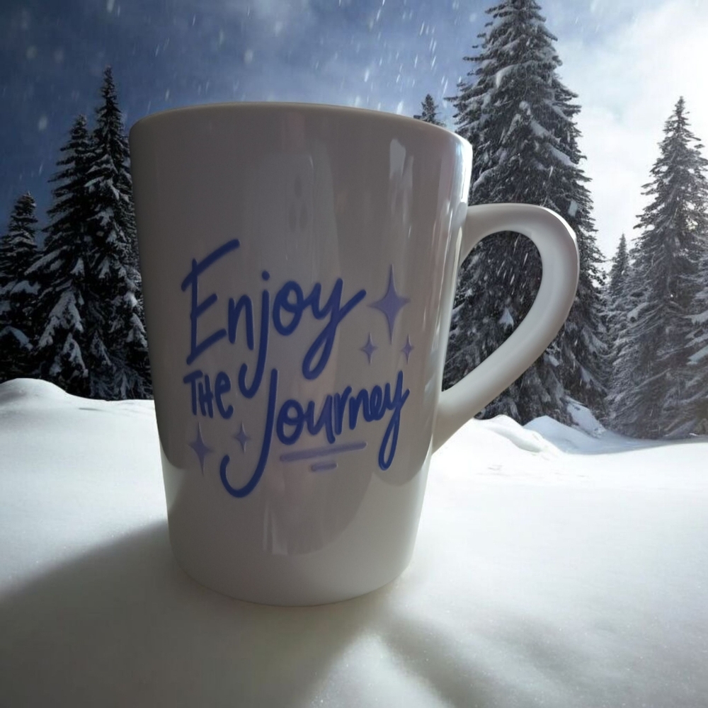 Hand Crafted White Mug with Blue Text